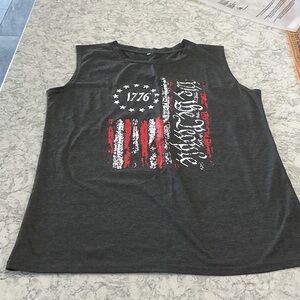 Patriotic Sleeveless Graphic Tank Top - Dark Gray with Red & White Print